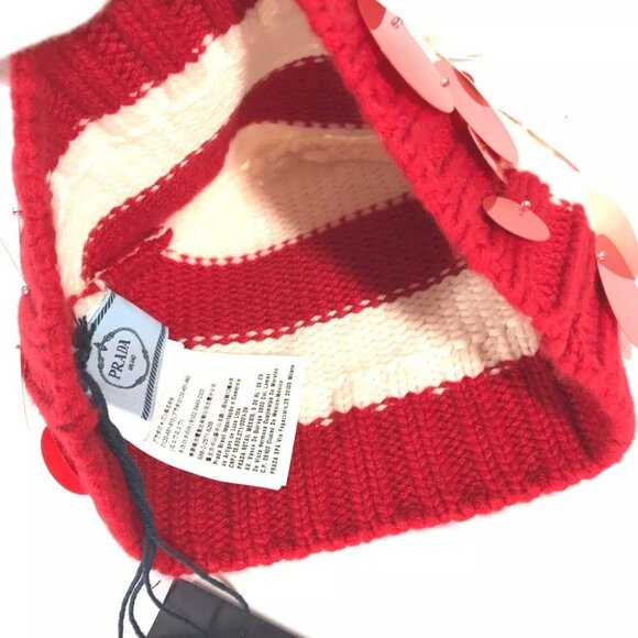 PRADA Sequin Knit hat Cashmere Red/White Unused - Picture 13 of 16